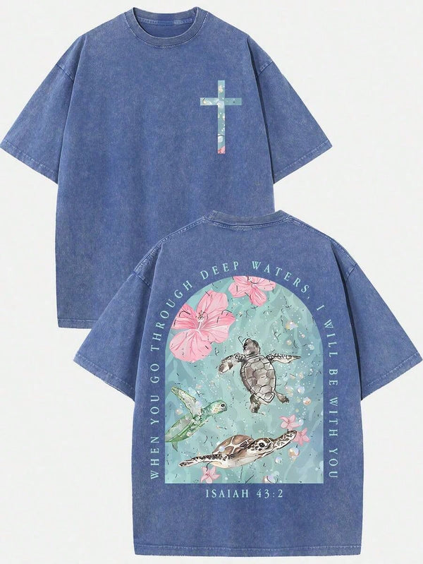 2026 Summer Clothes(230g T-Shirt) Loose Washed Cotton "When You Go Through Deep Waters" Turtle Graphic T-Shirt, Comfortable Christian Faith Tee With Bible Verse, Breathable Retro Streetwear - Gift ChoiceLoose And Comfortablesummer Tops