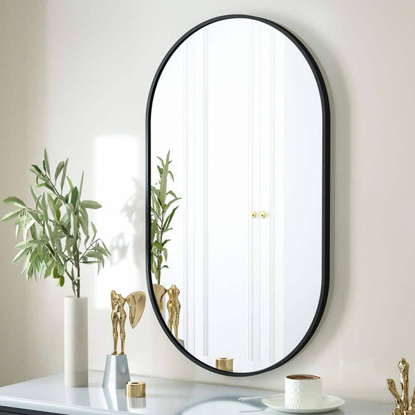 XRAMFY 20 in. W x 36 in. H Oval Black Classic Aluminum Alloy Framed Wall Mirror